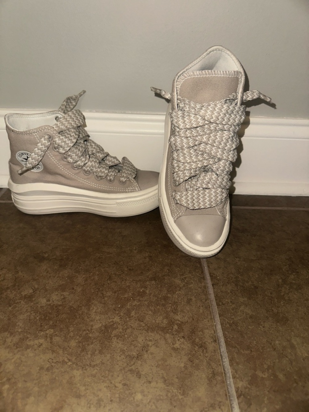 Converse High-Top Platform Sneakers in Taupe and White